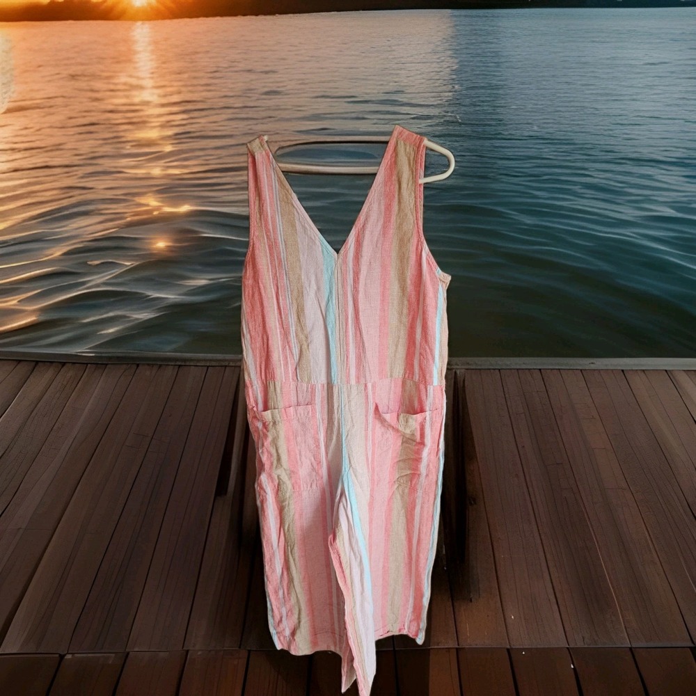 Beach lunch Lounge Jumpsuit Coral Striped Beach Wide Leg‎ Size M Linen Blend